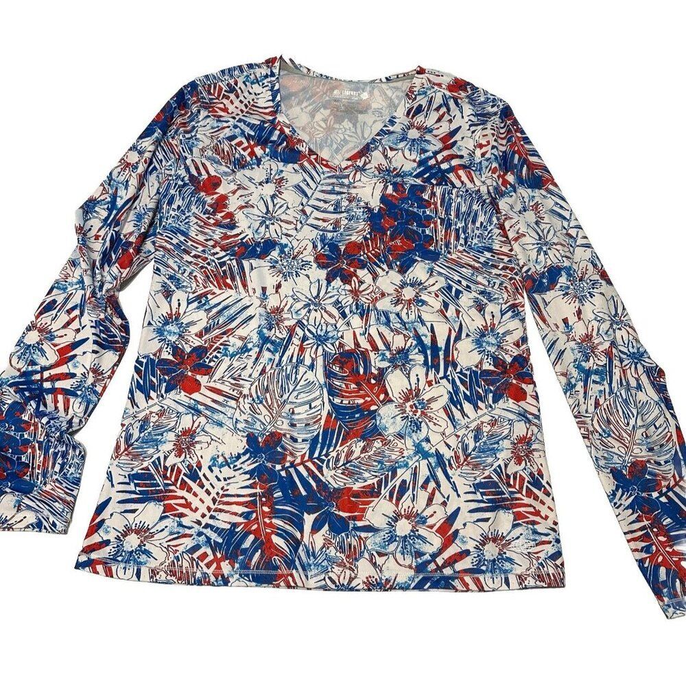Reel Legends Reel Tec  Long Sleeve Tropical Print Top Womans Medium Patriotic